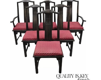 Vintage Chinoiserie Asian Ming Style Solid Wood Carved Dining Chairs - Set of 6