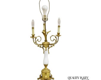Antique French Louis XV Style Gilt Bronze & Porcelain Candelabra Table Lamp