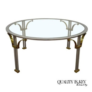 Vintage Regency Steel Brass Round Glass Coffee Table Maison Jansen Style