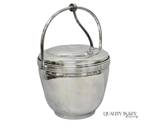 Mid Century Modern Sheffield Silver Plated Reticulating Hinge Ice Bucket w Tongs