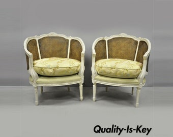 Pair of Caned French Louis XVI Style White Distress Painted Bergere Salon Chairs