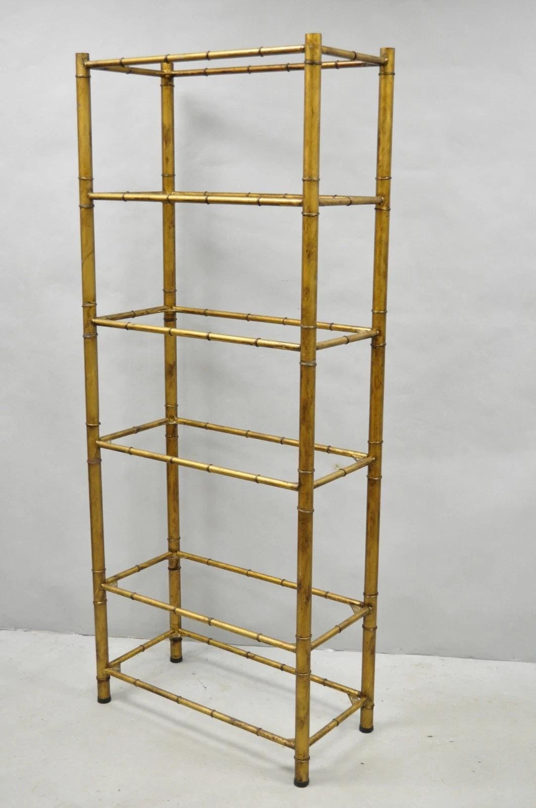 Vintage Hollywood Regency Gold Gilt Iron Metal Faux Bamboo Etagere