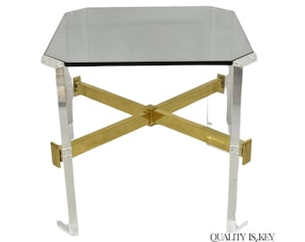 Vintage Mid Century Modern Lucite & Glass Brass Stretcher Occasional Side Table