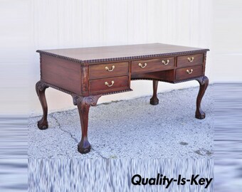 Reproduction English Chippendale Style Mahogany Ball Claw Executive Writing Desk