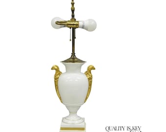 Lámpara de mesa vintage italiana Regency de porcelana francesa dorada blanca con base de mármol