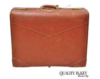 Vintage Mid Century Modern Brown Cowhide Leather 24" Suitcase Travel Luggage