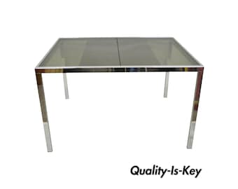 Mid Century Italian Modern Milo Baughman Chrome & Glass Extension Dining Table