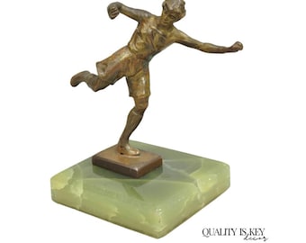 Antique Art Deco Small 6" Bronze Onyx Base Soccer Futbol Player Sculpture Figure
