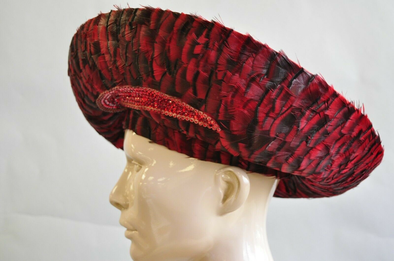 Vintage Jack Mcconnell Red Feather Rhinestone Wide Brim Wool 