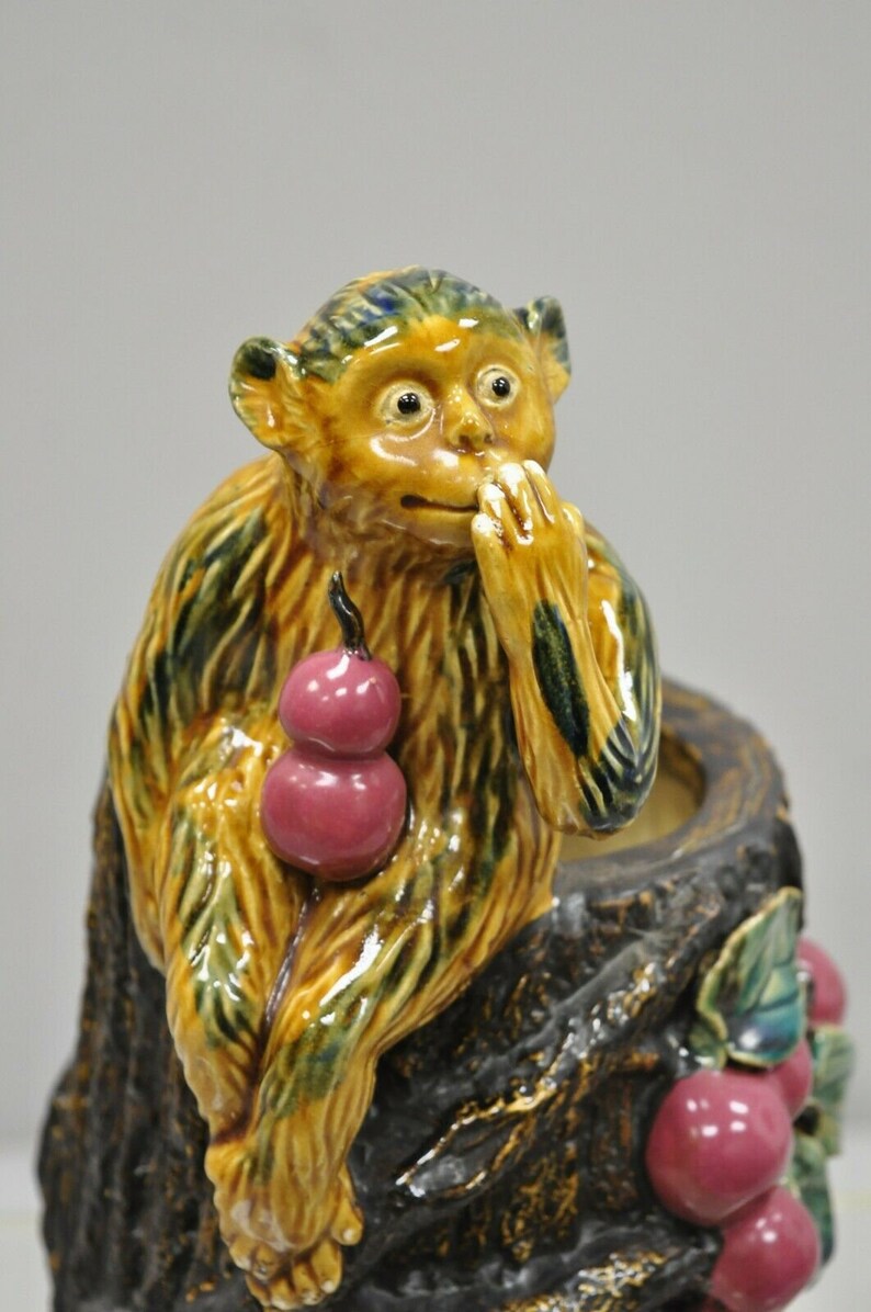 Vintage Glazed Pottery Majolica Vase of Monkey With Pink Fruit Etsy
