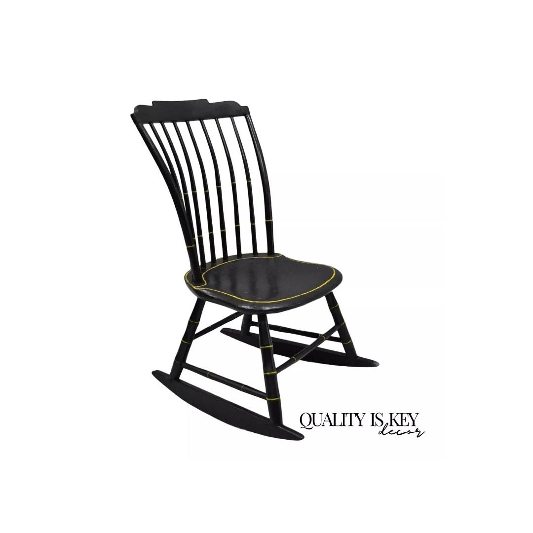 Antique Hitchcock Style Child's Black Bow Back Windsor Rocker Rocking ...
