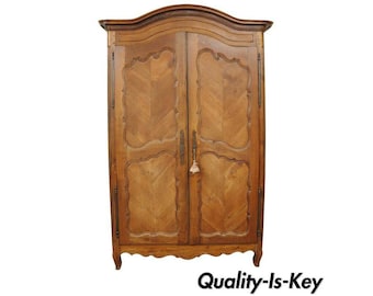 Country French Provincial Louis XV Walnut Bonnet Top Armoire Wardrobe Cabinet