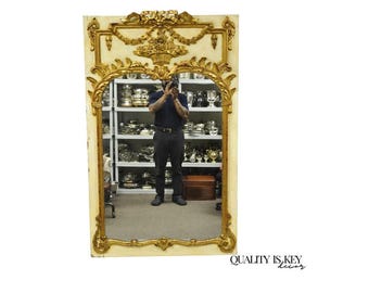 Antique French Louis XV Style Cream & Gold Gilt Drape Ribbon Trumeau Wall Mirror