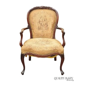 Vintage French Victorian Style Carved Mahogany Frame Lounge Parlor Arm Chair