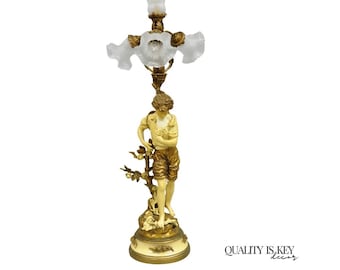 Vintage French L&F Moreau Figural Gold Painted Metal Boy Torchiere Table Lamp