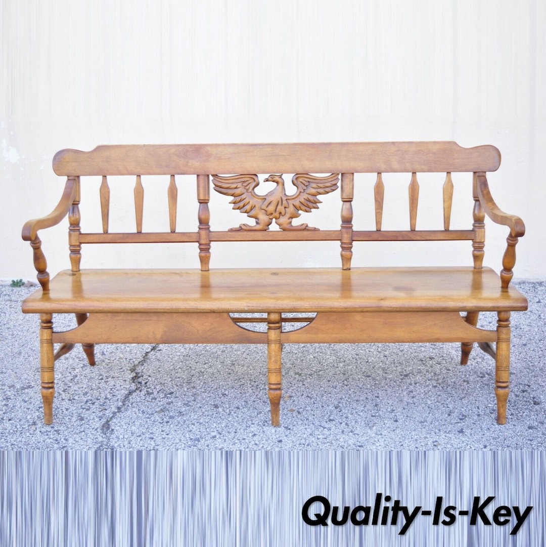 Vintage Cushman Maple Wood Settee Bench Carved Eagle Back Deacons Bench