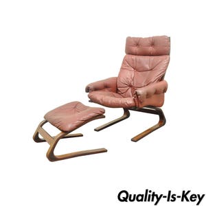 Rybo Rykken Mid Century Modern Rosewood Leather Kengu Lounge Chair Ottoman