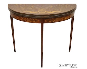 Antique Dutch Marquetry Inlay Flip Top Demilune Round Console Game Table
