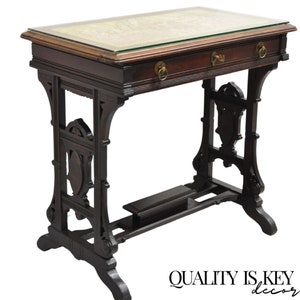 Antique Eastlake Victorian Carved Walnut Small Sewing Stand Tapestry Side Table