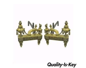 Pair of Antique French Louis XVI Neoclassical Style Urn Flame Brass Andirons