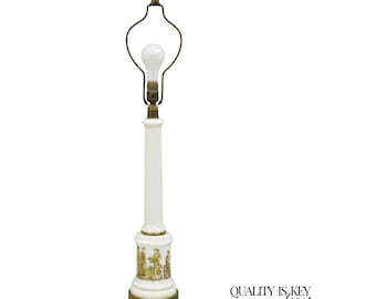 Vintage Italian Neoclassical Style White Milk Glass Empire Column Table Lamp