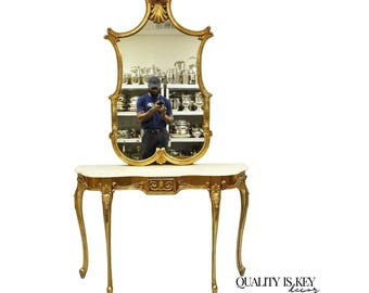 Consola y espejo dorados estilo victoriano Luis XV francés vintage (2 piezas)