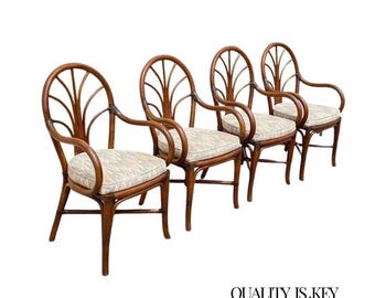 Vintage Hollywood Regency Bentwood Rattan Fan Back Dining Chairs - Set of 4