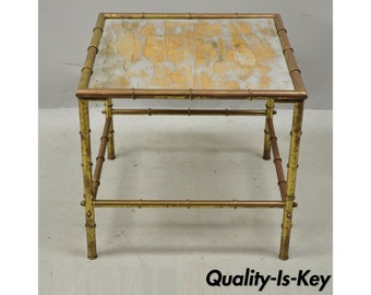 Italian Hollywood Regency Faux Bamboo Brass Tole Metal Low Square Side Table