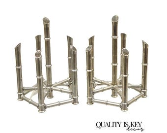 Vintage Hollywood Regency Silver Plated Chrome Faux Bamboo Candlesticks - a Pair