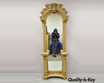 Antique American Victorian 88&quot; Tall Hall Entry Mirror with Pedestal Plant Stands