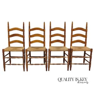 Antique Ladderback Primitive Rustic Oak Wood Rush Seat Dining Chairs - Set of 4