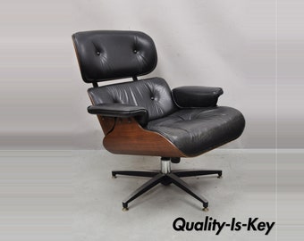 Vintage Selig Plycaft Black Leather Eames Style Walnut Swivel Tilt Lounge Chair