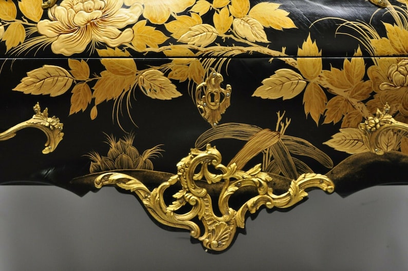 French Louis XV Style Marble Top Black /& Gold Bombe Commode Chest Bronze Ormolu