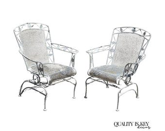 Vintage Woodard Era Floral Wrought Iron Springer Garden Patio Arm Chair - a Pair