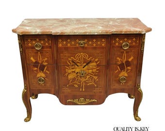 Vintage French Louis XV Style Marquetry Inlay Marble Top Commode Dresser Chest
