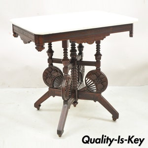 Antique Eastlake Victorian Floral Carved Walnut Parlor Side Table w/ Marble Top