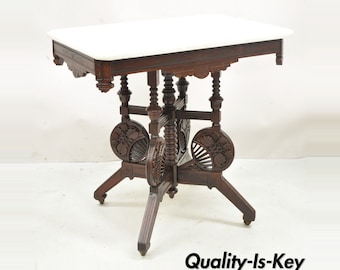 Antique Eastlake Victorian Floral Carved Walnut Parlor Side Table w/ Marble Top
