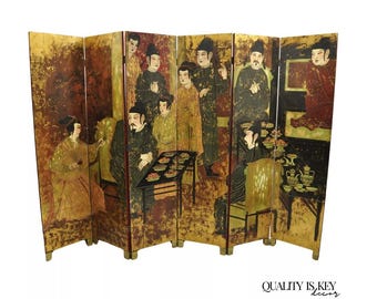 May include: A six-panel room divider screen with a gold leaf background and a painted scene of people in traditional Chinese clothing. The screen is made of wood and has a black frame.