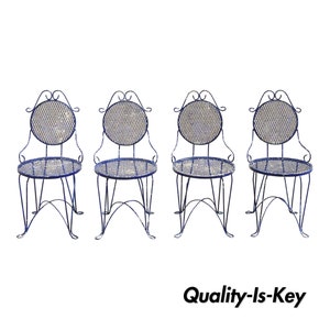Victorian Style Blue Wrought Iron Small Garden Bistro Dining Chairs - Set of 4