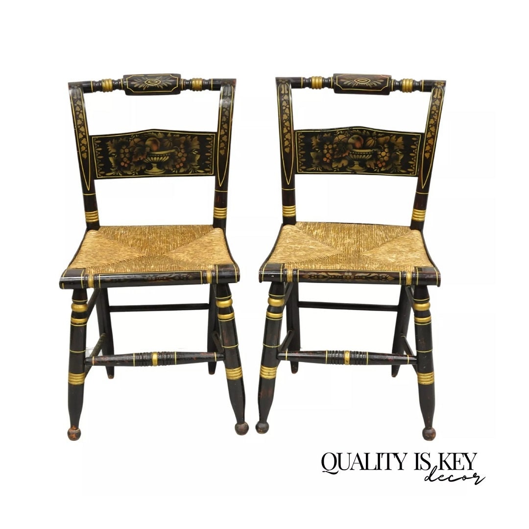 Antique Hitchcock Black and Gold Harvest Stencil Rush Side Chairs