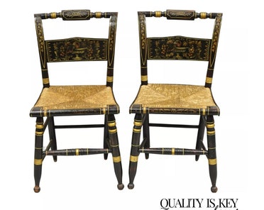 Antique Hitchcock Black and Gold Harvest Stencil Rush Side Chairs