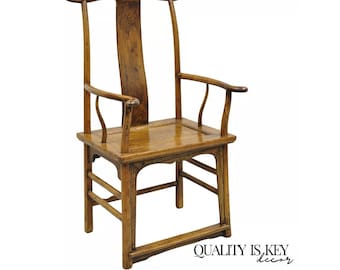 Vintage Chinese Elm Wood Ming Yoke Back Lacquered Asian Scholars Arm Chair