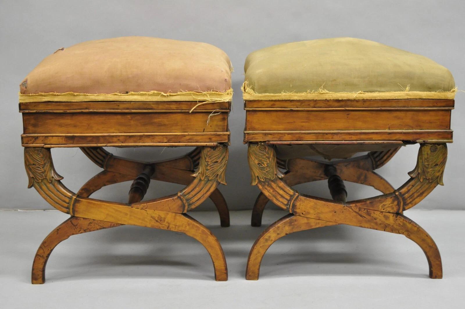 Antique Italian Biedermeier Regency Carved Walnut Curule X-bench