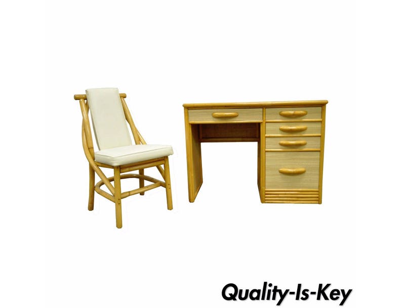 Vintage Mid Century Modern Grasscloth Rattan Bamboo Writing Desk Chair Willow Reed