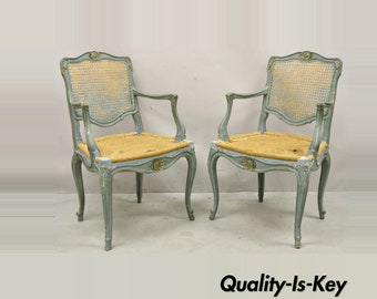 Pair Vintage French Louis XV Style Blue Painted Cane Back Fauteuil Arm Chairs