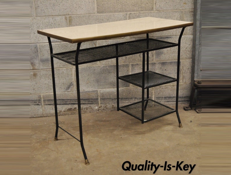 Vintage Mid Century Modern Wrought Iron Metal Mesh Small Writing Desk Work Table