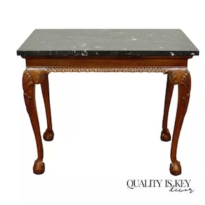 Vintage Carved Mahogany Chippendale Style Ball and Claw Marble Top Console Table
