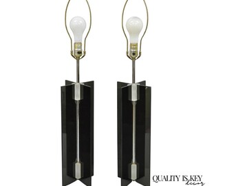 Vintage Mid Century Modern Smoked Lucite X-Base Chrome Table Lamps - a Pair
