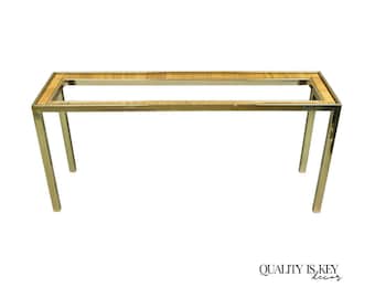 Mesa consola de recibidor vintage moderna de mediados de siglo de latón, metal y ratán dorado