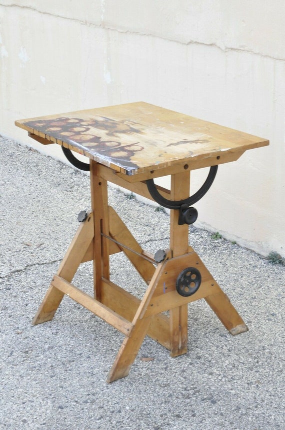 Antique American Industrial Small Drafting Table Work Desk Cast Iron Solid  Wood 